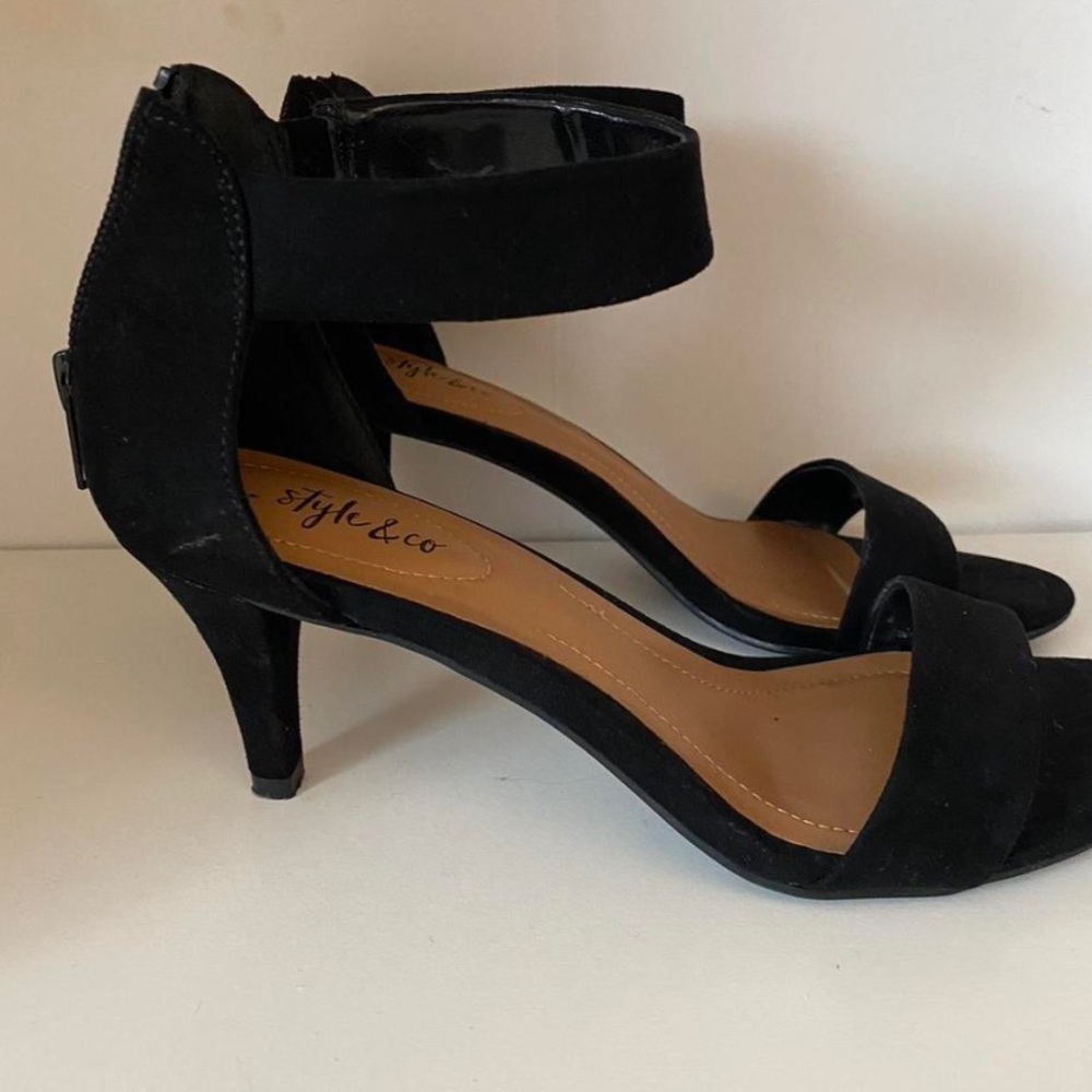 black suede ankle strap kitten heels open toe